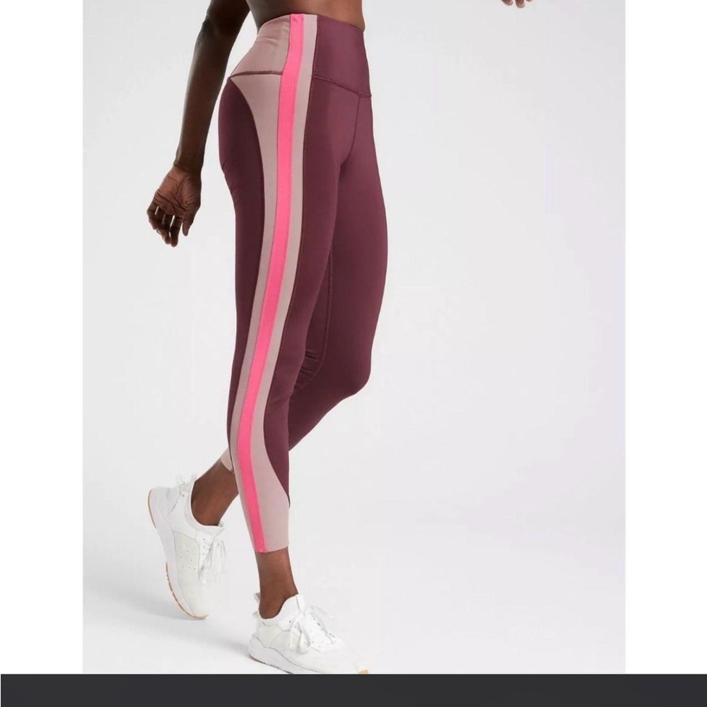 Athleta Crunch Colorblock 7/8 Tight SuperSonic Burgundy Pink Stripe Size M
